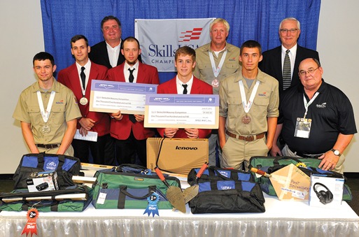 Shown left to right are second place-winners Steven Quimby and Travis Moore; first-place winners Brent Austin and Andrew Mullis; and third-place winners Mark Karhoff and Chase Smith. Among the adult sponsors of this event were (on left) Bill Kjorlein, Argos USA; (on right) Bryan Light, BIA SE Region; and Al Herndon, Florida Masonry Apprentice and Education Foundation.