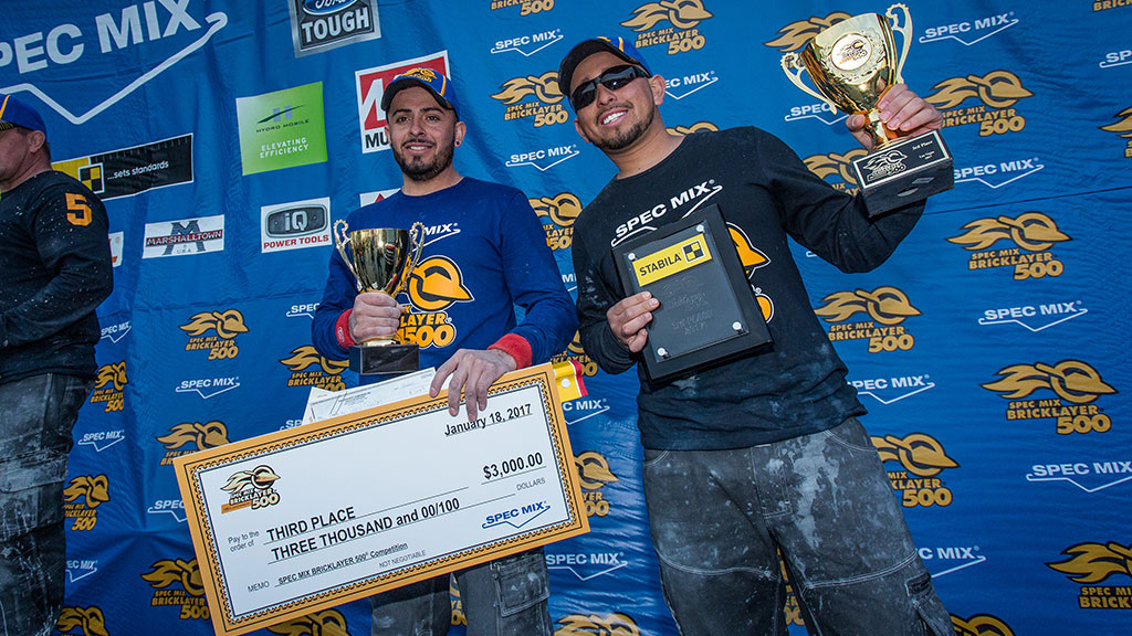 David Chavez (right) won second place with 658 brick laid. David’s mason tender was Omar Castro (left), both are with Ranch Masonry in Houston, Texas.