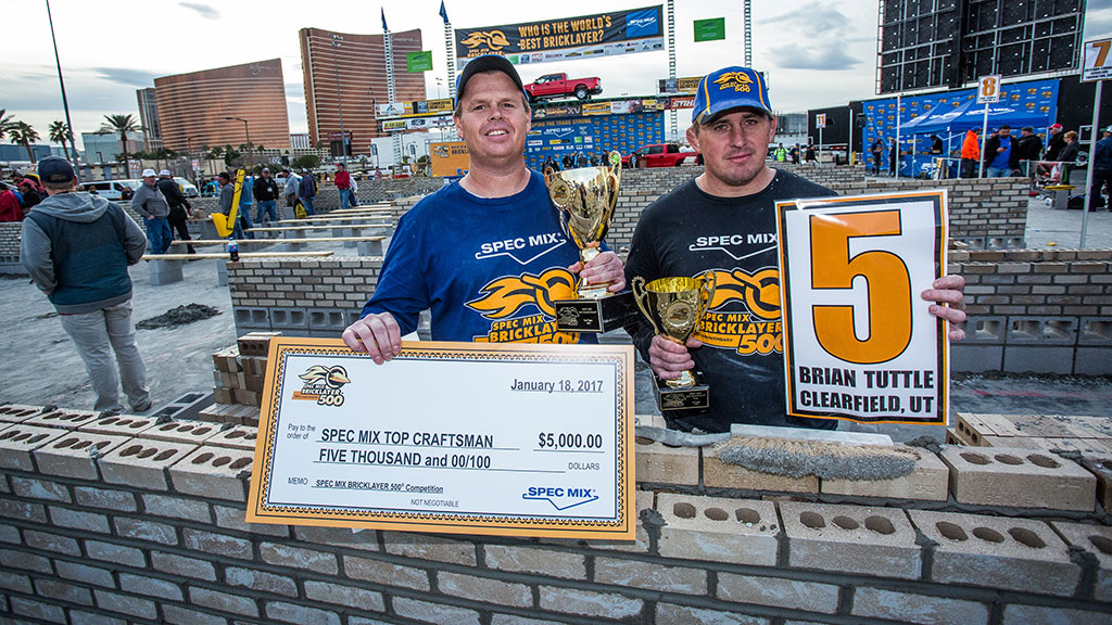 Esteban Cabral (left) took third place with 639 brick laid. His mason tender was Oscar Gaucin (right), both are with Phoenix Masonry of Denver, Colorado.