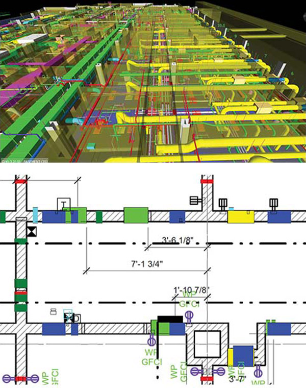 Figure 2: The coordination model in the top image shows MEP pipes and ducts passing through the masonry walls. In the lower image, a plan view of the composite model shows some of the MEP penetrations. Light green is mechanical, dark green is water, yellow is electrical, red is fire protection, blue is HVAC, and cyan is plumbing/domestic water vent.