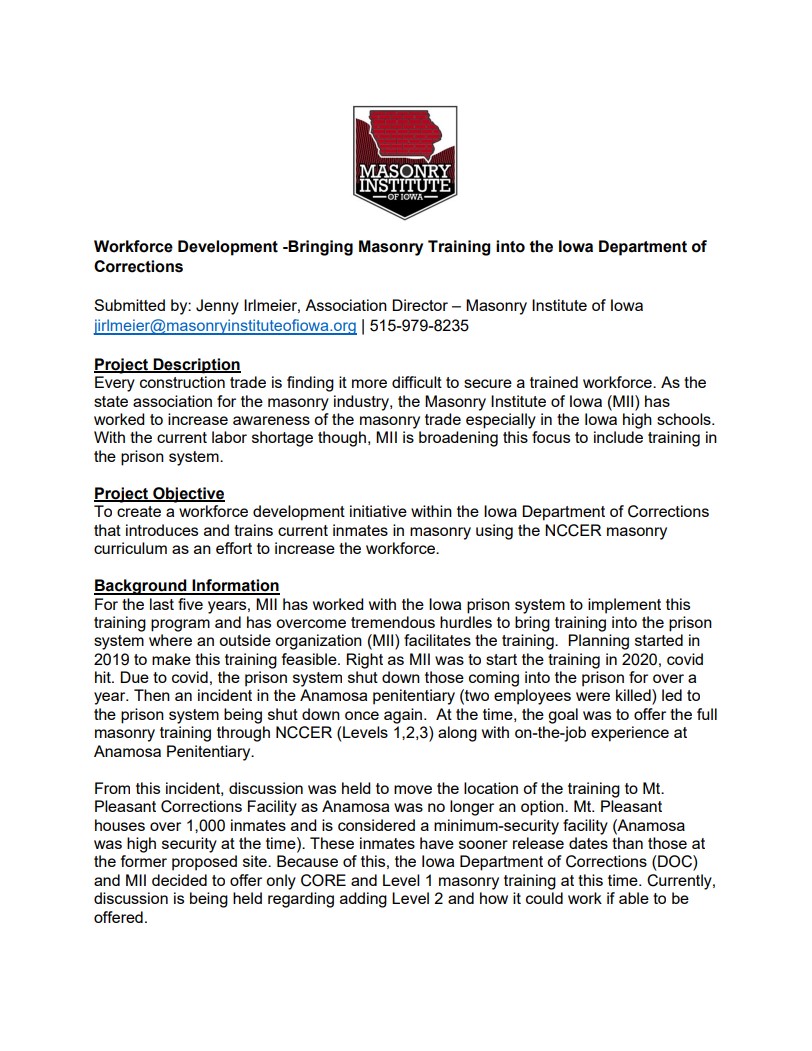Bringing Masonry Training into the Iowa Department of Corrections