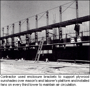 Contractor used enclosure brackets to support plywood sunshades over mason's and laborer's platform and installed fans on every third tower to maintain air circulation.